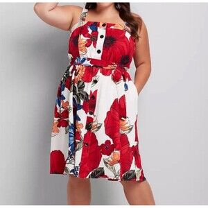 NEW LANE BRYANT PLUS SIZE FLORAL SQUARE NECK BUTTON DETAIL DRESS SZ 18